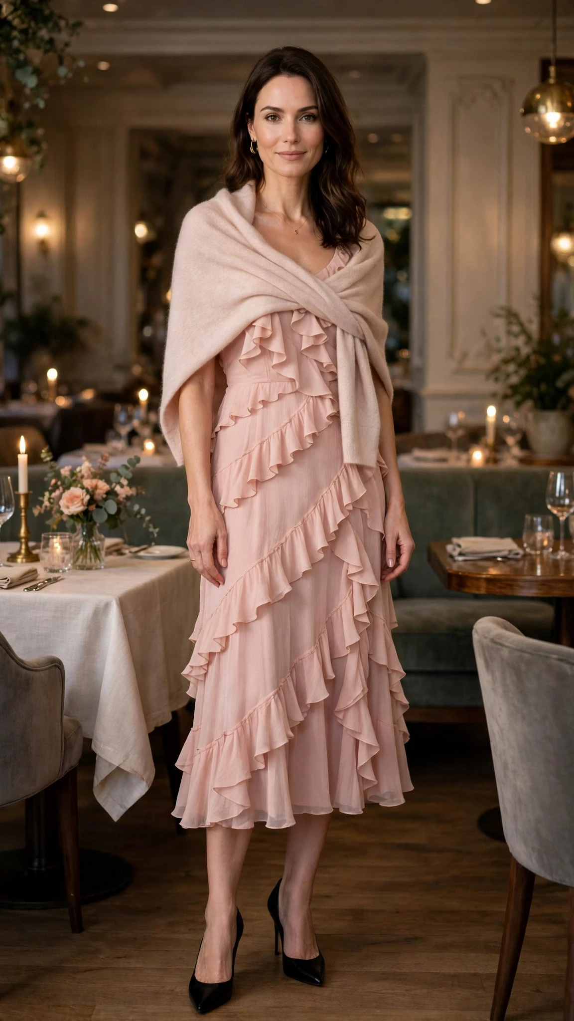Blush ruffle midi party dress with black pointed heels and a cashmere wrap