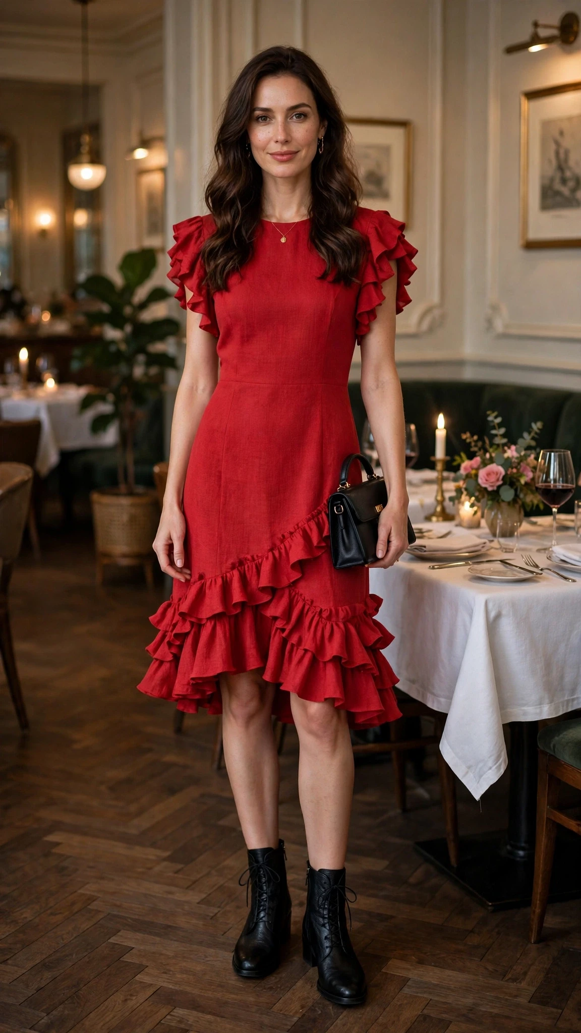 Red ruffle hem dress with leather ankle boots and a small structured clutch