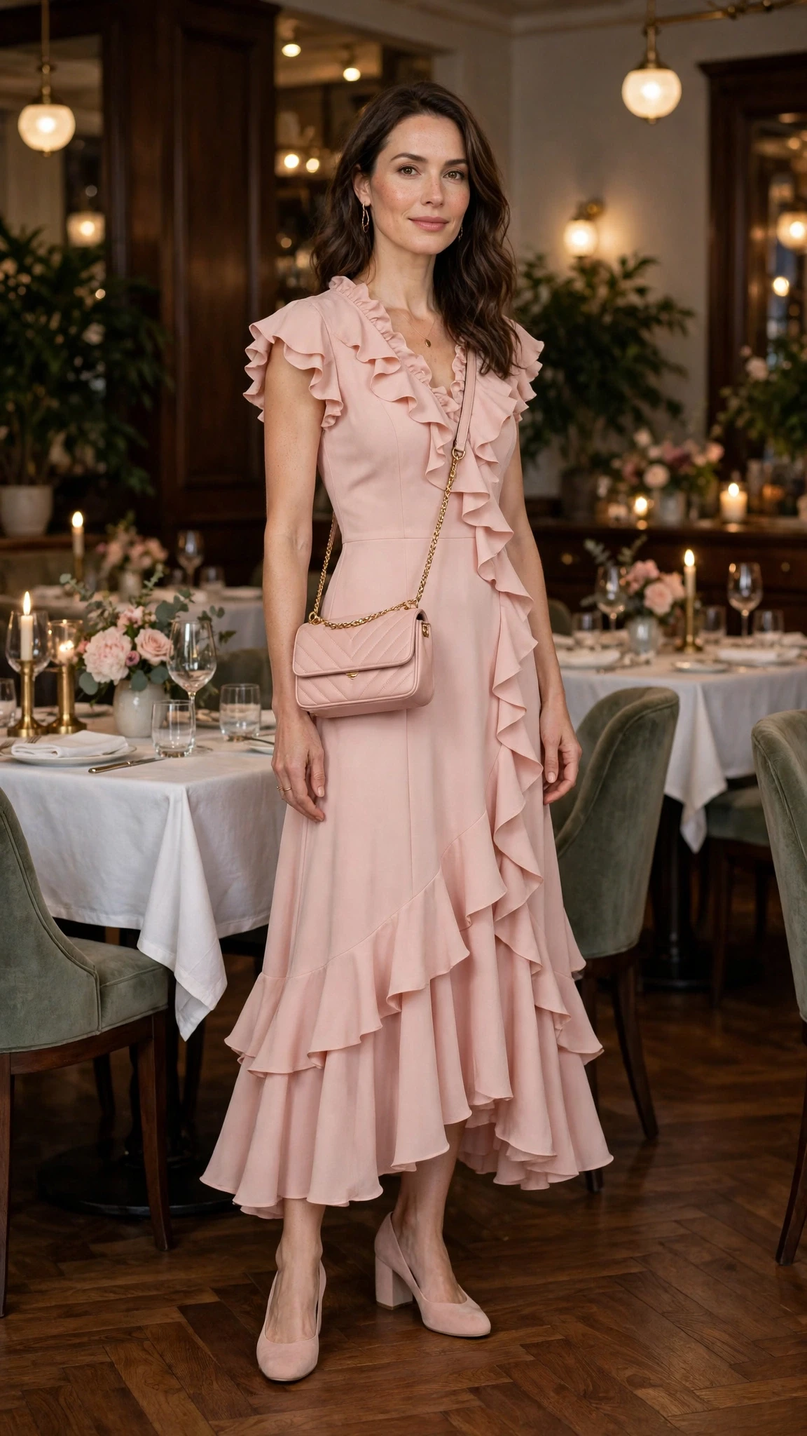 Blush ruffle fit-and-flare dress with comfortable block heels and a chic crossbody bag