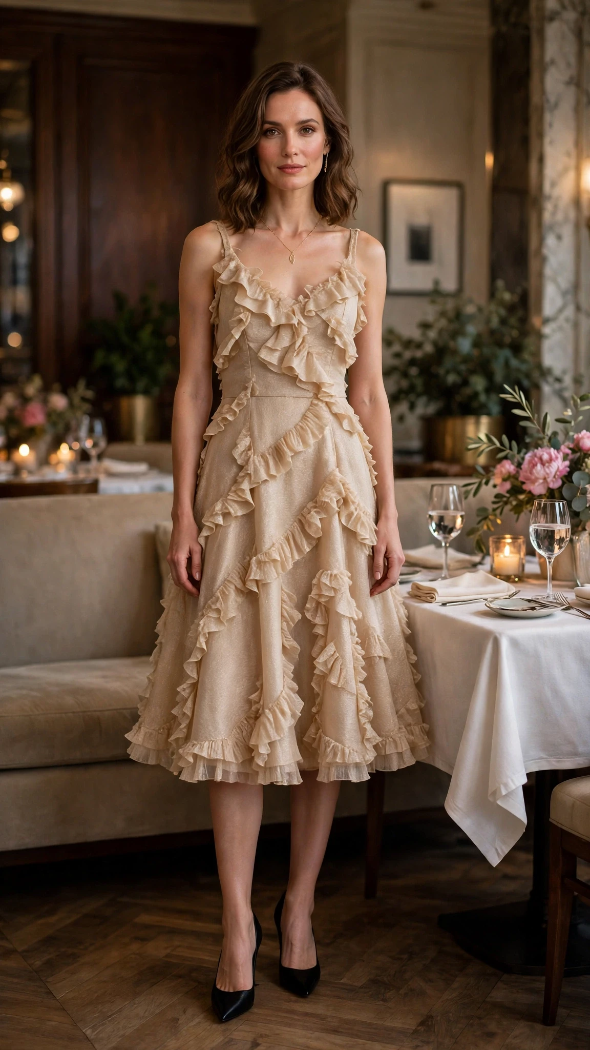 Champagne ruffle A-line dress with black pointed heels and a delicate gold necklace