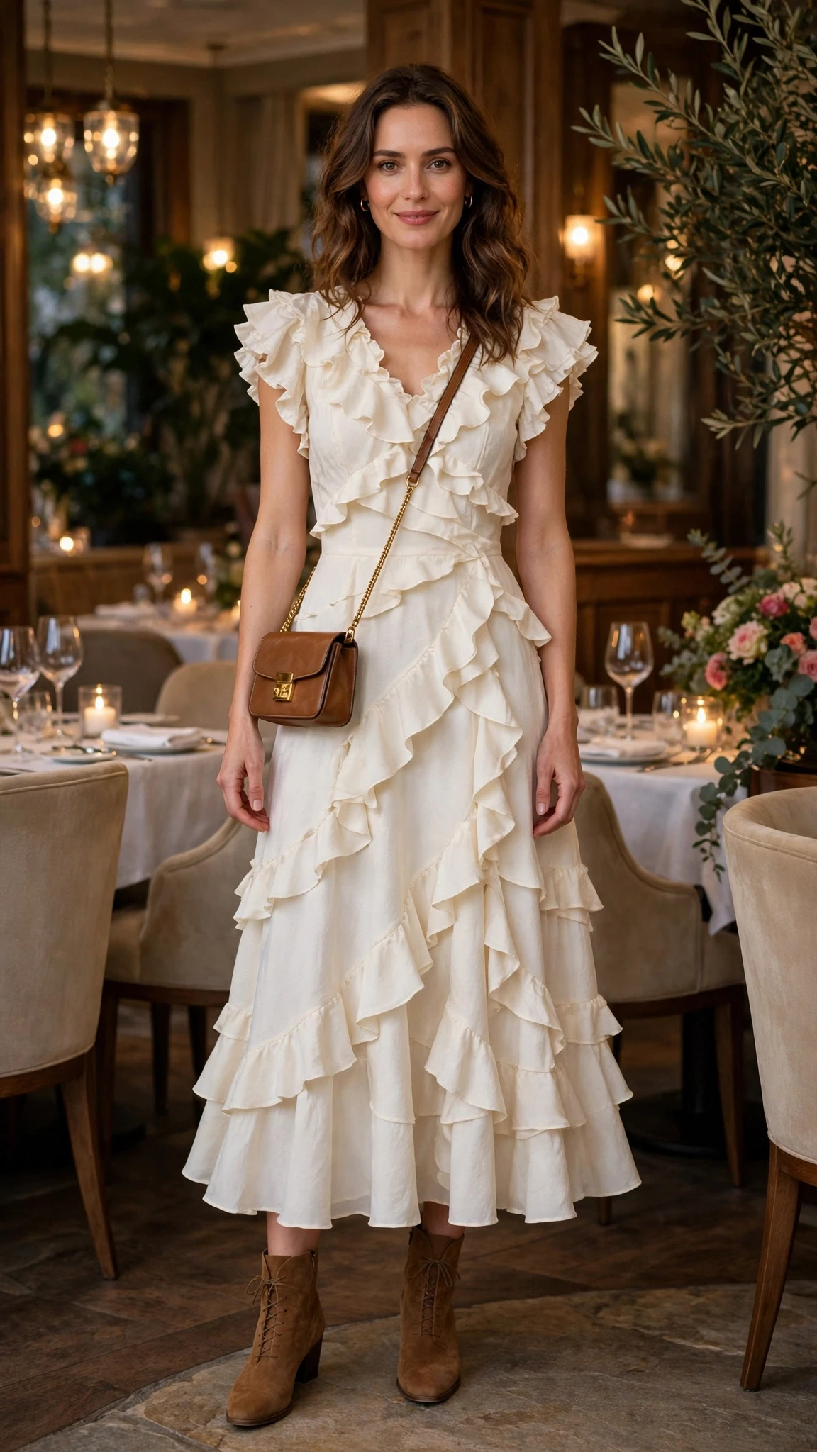 Ivory ruffle fit-and-flare dress with suede ankle boots and a chic crossbody bag