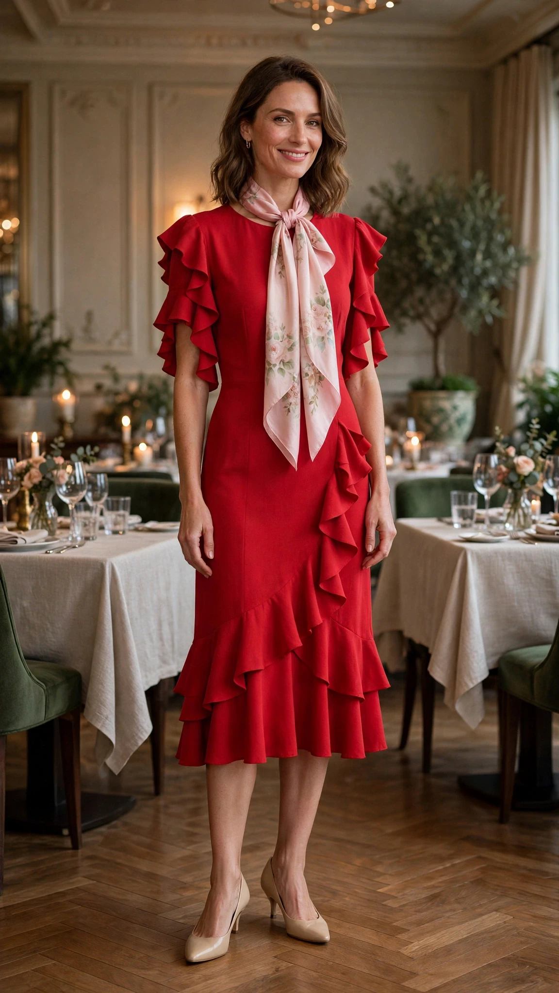 Red ruffle sleeve dress with kitten heels and a silk scarf