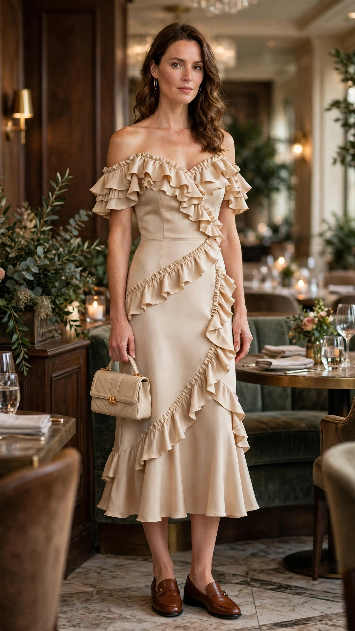 Champagne ruffle off-shoulder dress with smart loafers and a small structured clutch