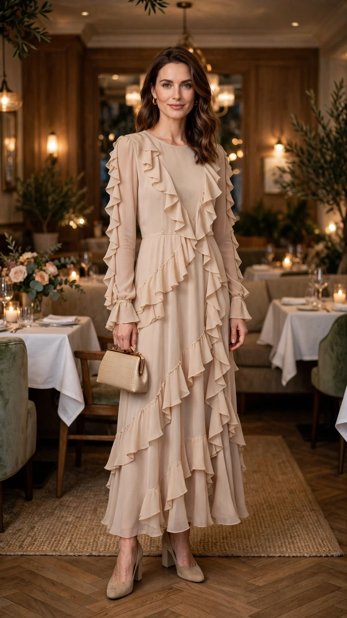 Champagne ruffle long-sleeve dress with comfortable block heels and a small structured clutch