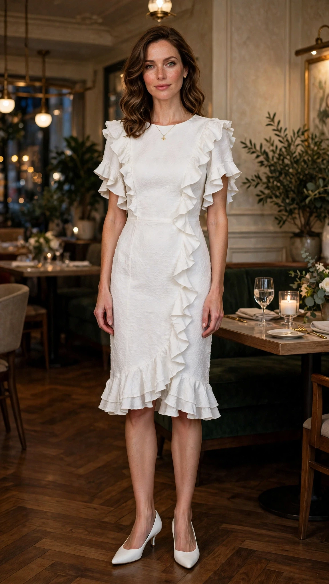 White ruffle sheath dress with kitten heels and a delicate gold necklace