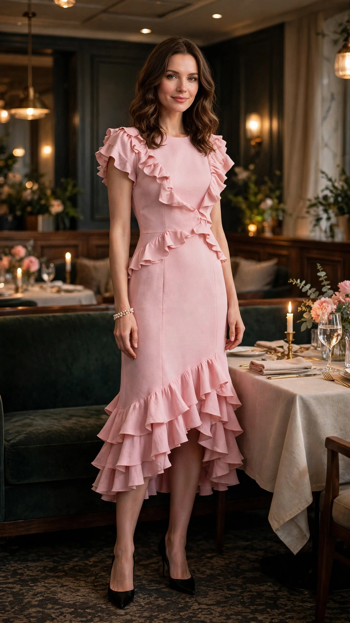 Pink ruffle hem dress with black pointed heels and a pearl bracelet