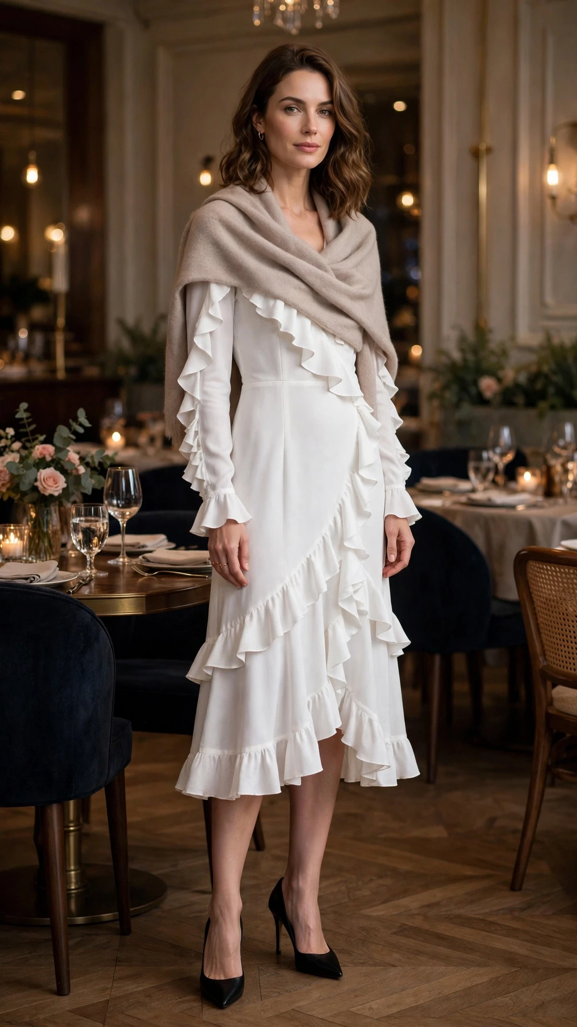 White ruffle long-sleeve dress with black pointed heels and a cashmere wrap