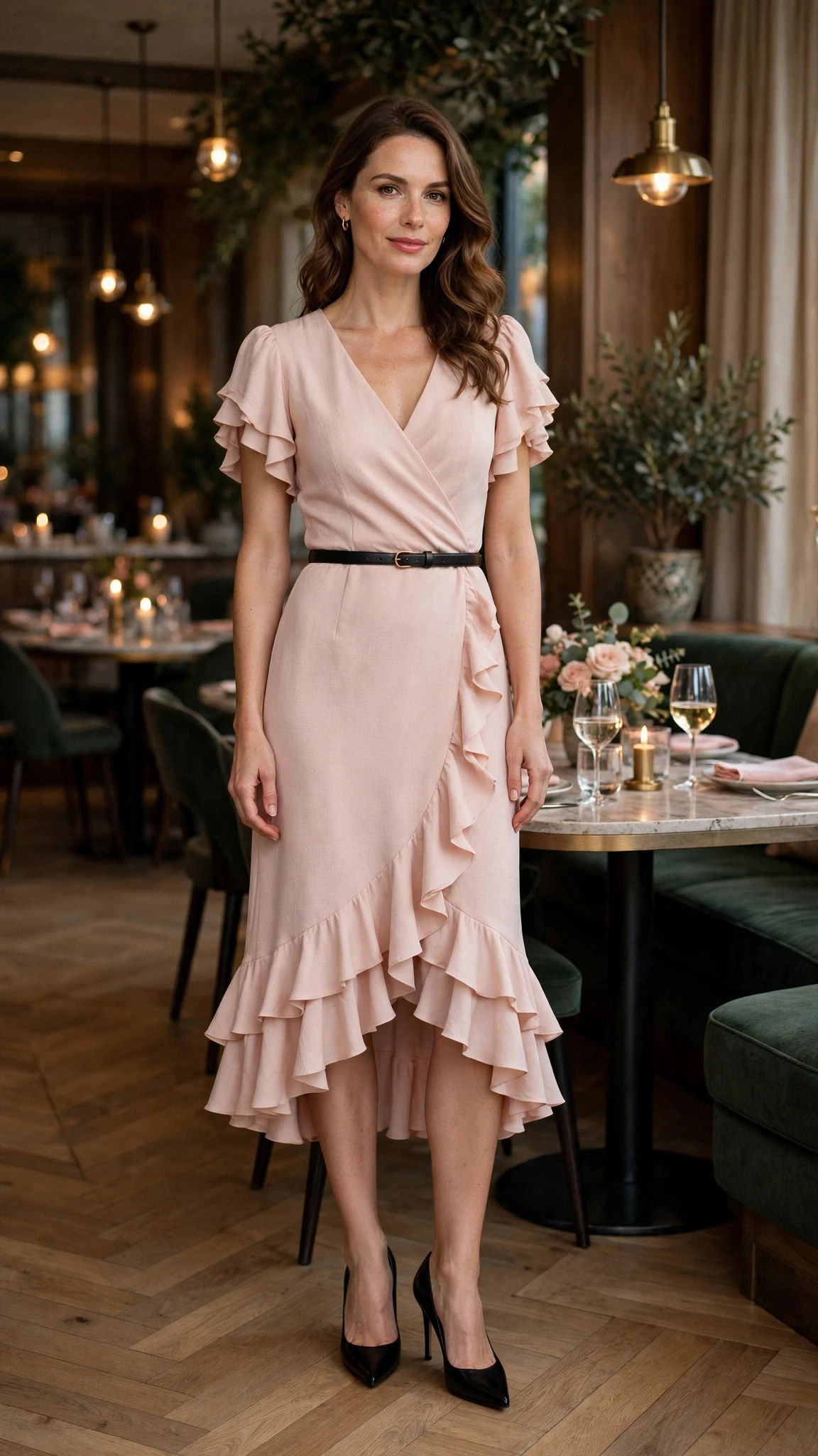 38 Ruffle Hem Dress Outfits for Late Winter Weddings That Are Chic, Romantic and Easy to Wear 3 Blush ruffle hem wedding guest dress with black pointed heels and a slim leather belt