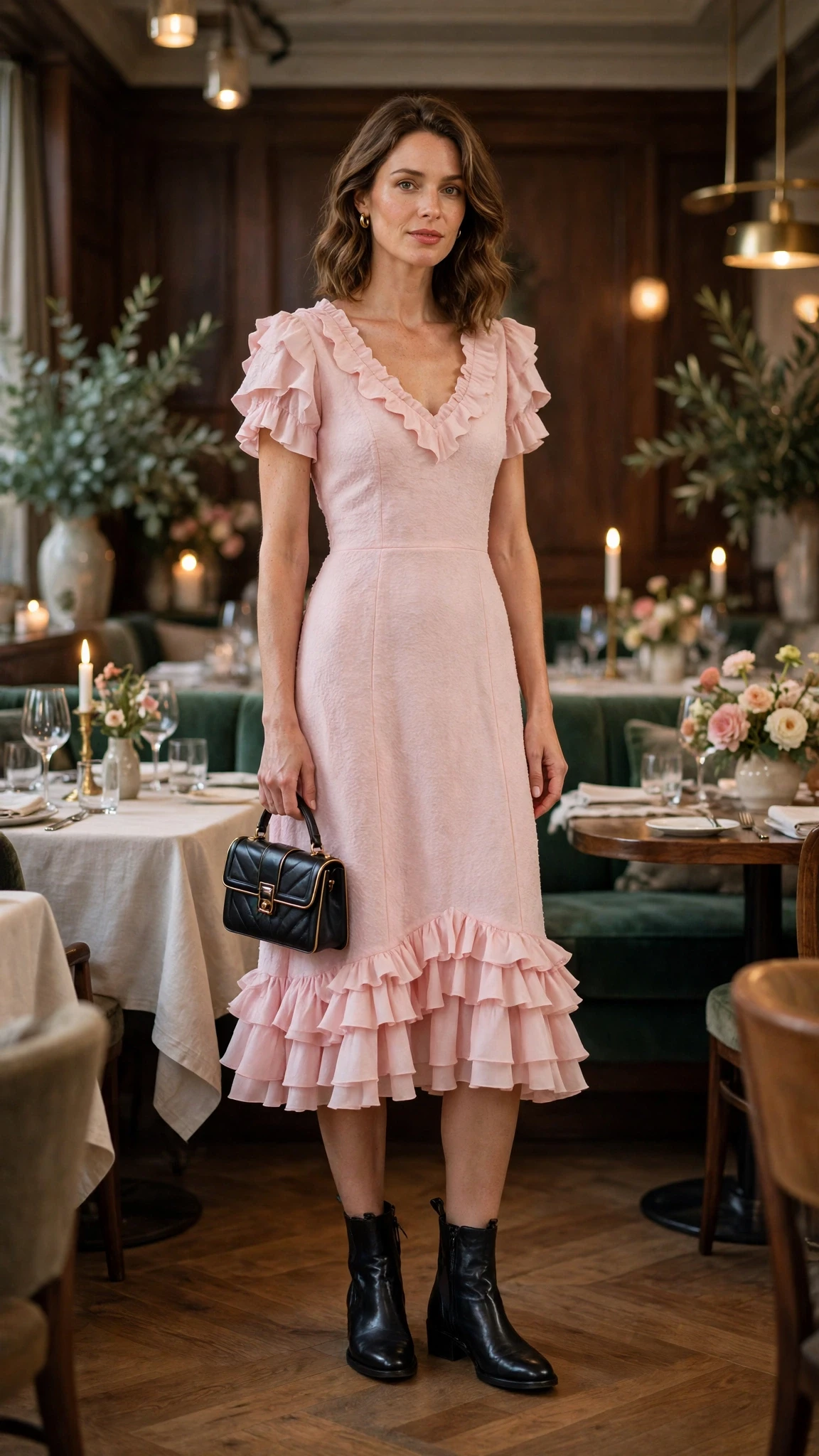 38 Ruffle Hem Dress Outfits for Late Winter Weddings That Are Chic, Romantic and Easy to Wear 5 Pink ruffle hem wedding guest dress with leather ankle boots and a small structured clutch