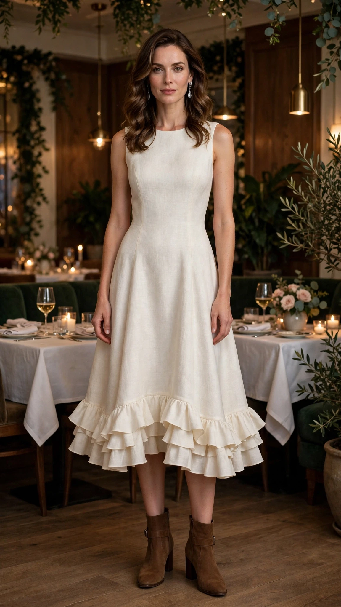 38 Ruffle Hem Dress Outfits for Late Winter Weddings That Are Chic, Romantic and Easy to Wear 7 Ivory ruffle hem A-line dress with block-heel ankle boots and silver drop earrings