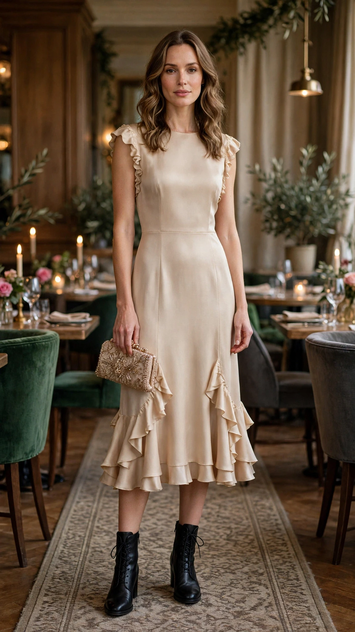 38 Ruffle Hem Dress Outfits for Late Winter Weddings That Are Chic, Romantic and Easy to Wear 9 Champagne ruffle hem tea-length dress with leather ankle boots and a beaded clutch