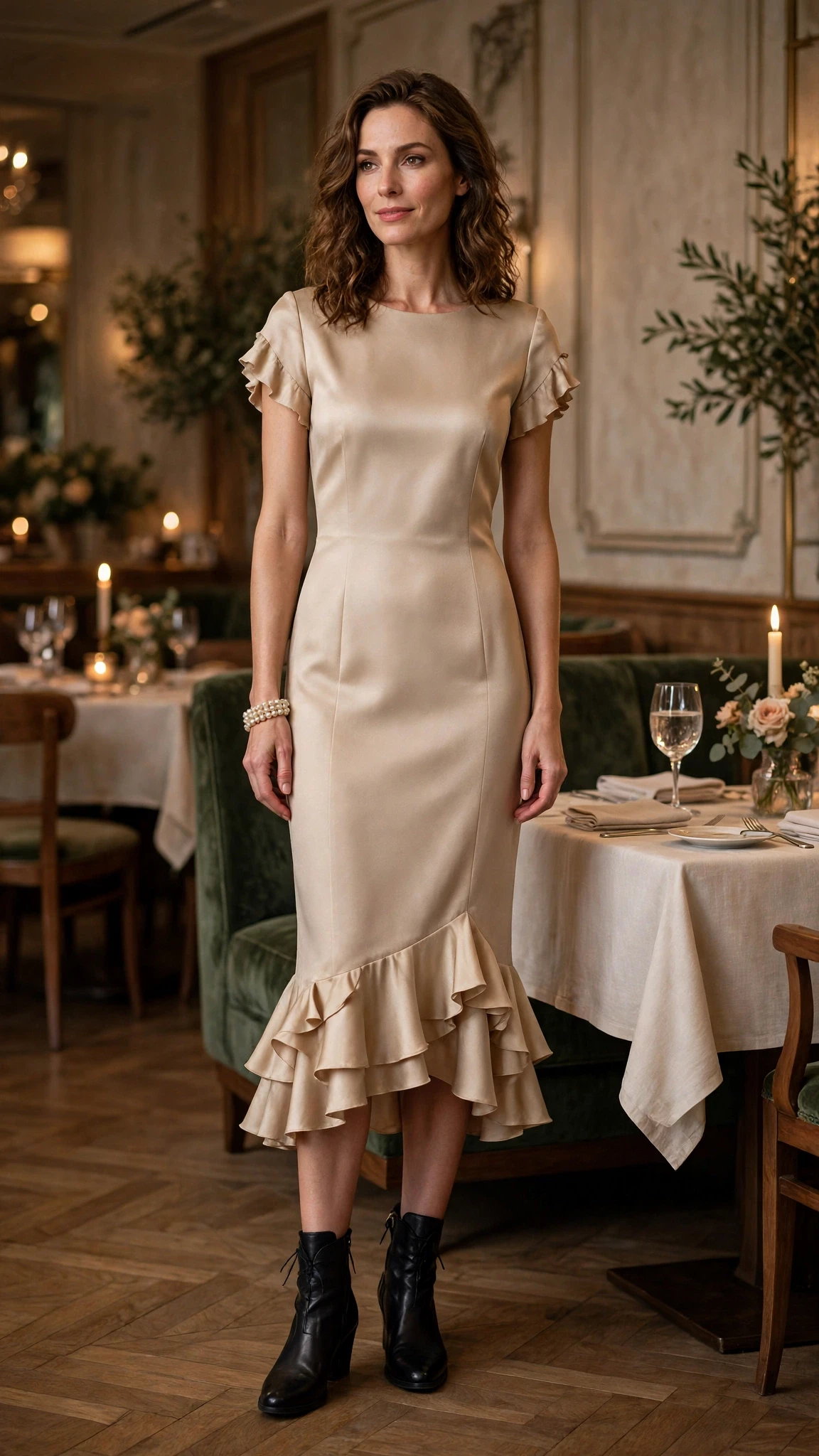 38 Ruffle Hem Dress Outfits for Late Winter Weddings That Are Chic, Romantic and Easy to Wear 11 Champagne ruffle hem sheath dress with leather ankle boots and a pearl bracelet
