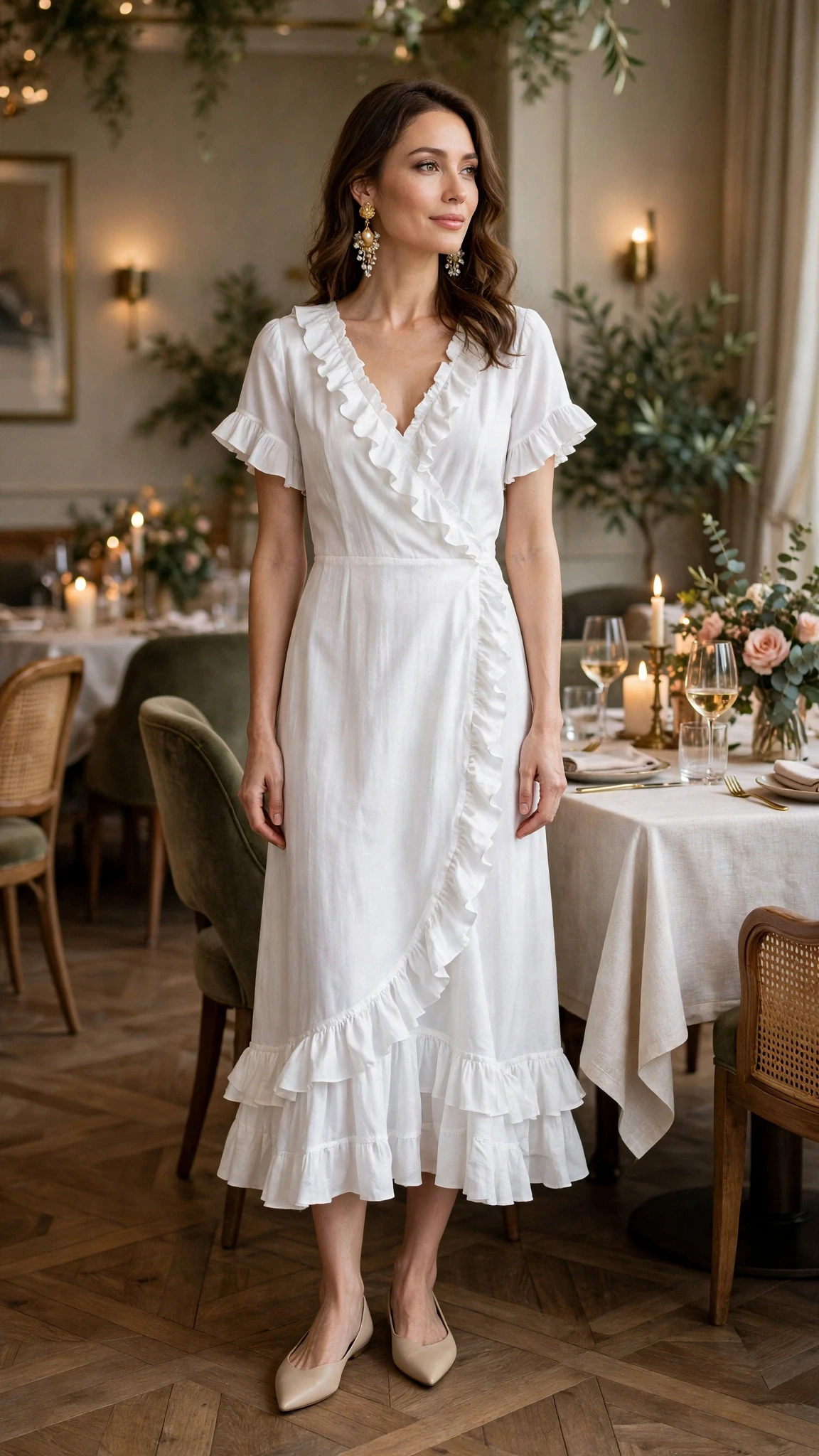 38 Ruffle Hem Dress Outfits for Late Winter Weddings That Are Chic, Romantic and Easy to Wear 12 White ruffle hem V-neck dress with elegant pointed flats and statement earrings