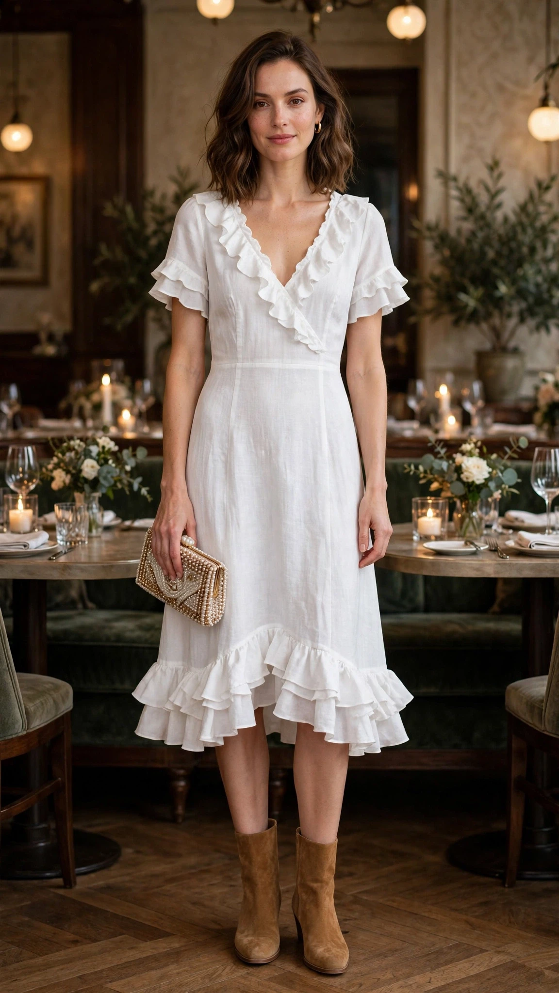 38 Ruffle Hem Dress Outfits for Late Winter Weddings That Are Chic, Romantic and Easy to Wear 15 White ruffle hem V-neck dress with suede ankle boots and a beaded clutch
