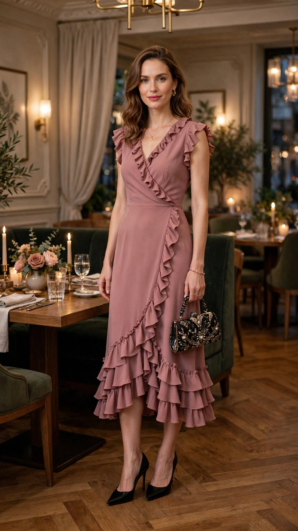 38 Ruffle Hem Dress Outfits for Late Winter Weddings That Are Chic, Romantic and Easy to Wear 16 Dusty rose ruffle hem midi dress with black pointed heels and a beaded clutch