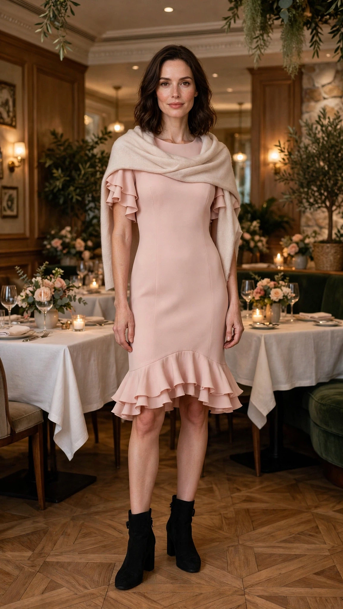 38 Ruffle Hem Dress Outfits for Late Winter Weddings That Are Chic, Romantic and Easy to Wear 18 Blush ruffle hem sheath dress with block-heel ankle boots and a cashmere wrap