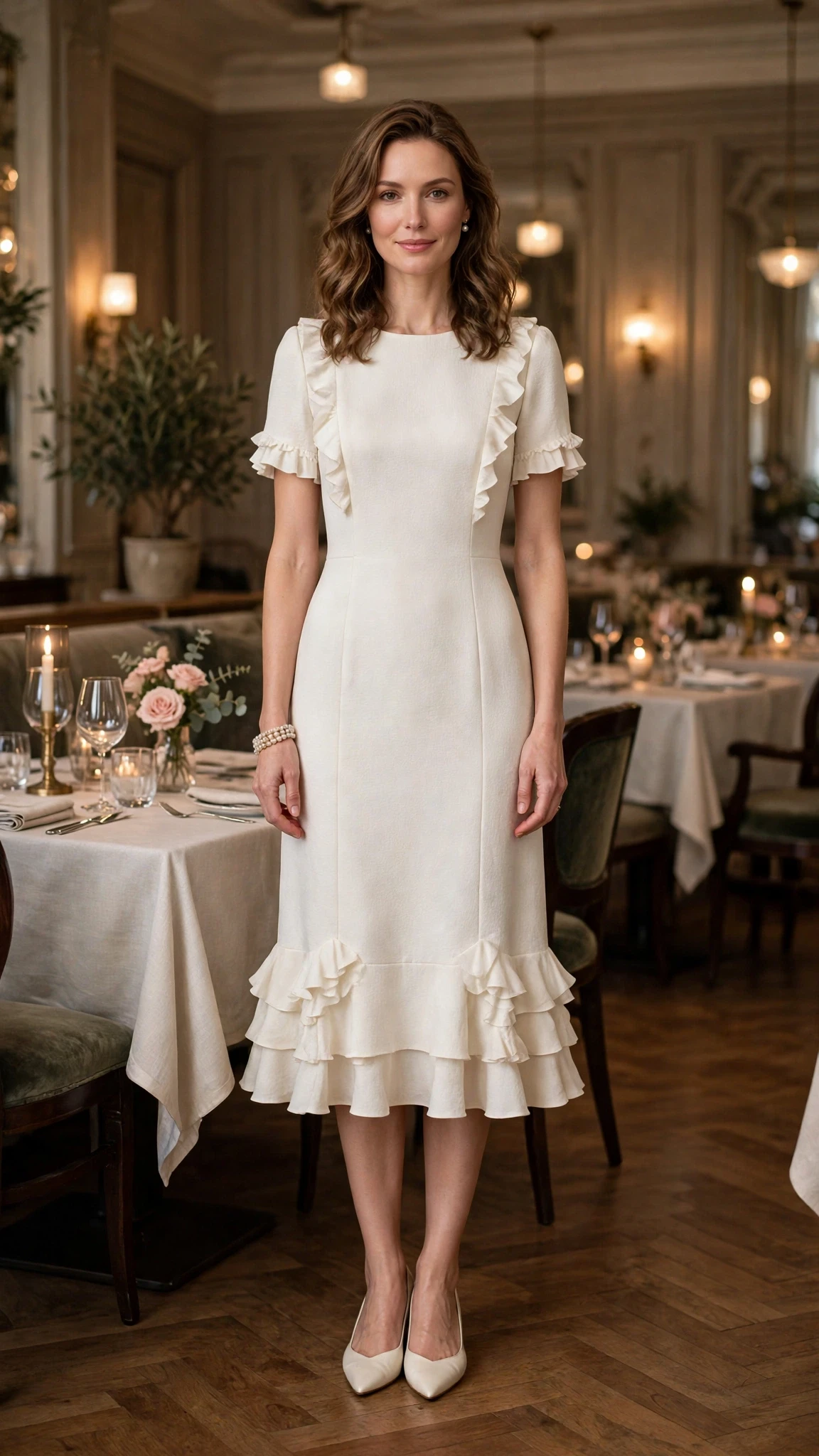 38 Ruffle Hem Dress Outfits for Late Winter Weddings That Are Chic, Romantic and Easy to Wear 19 Ivory ruffle hem tea-length dress with elegant pointed flats and a pearl bracelet