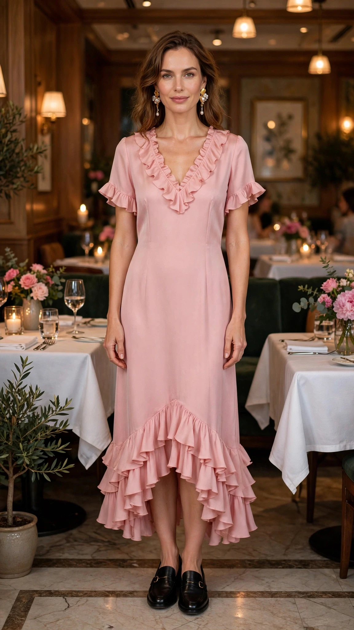 38 Ruffle Hem Dress Outfits for Late Winter Weddings That Are Chic, Romantic and Easy to Wear 21 Pink ruffle hem V-neck dress with smart loafers and statement earrings