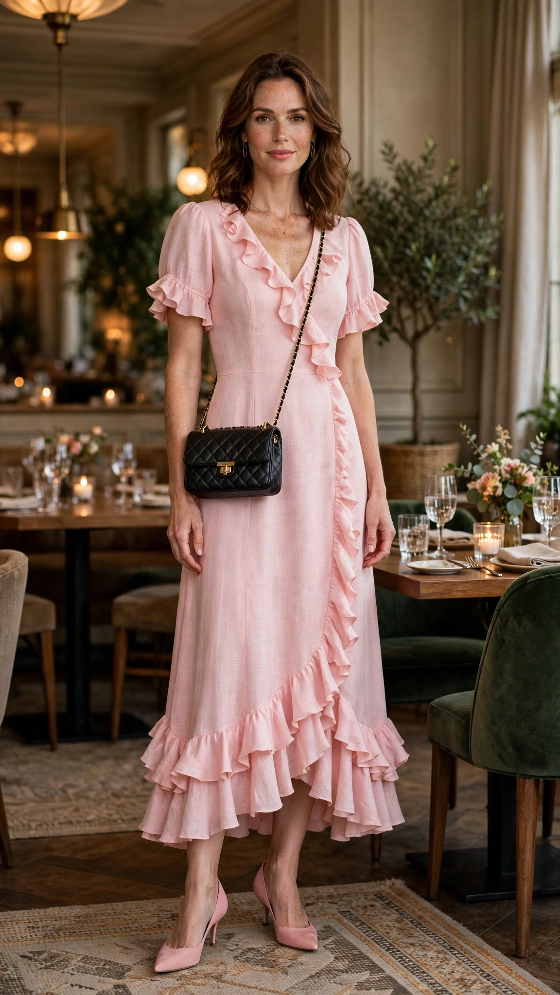 38 Ruffle Hem Dress Outfits for Late Winter Weddings That Are Chic, Romantic and Easy to Wear 22 Pink ruffle hem wedding guest dress with kitten heels and a chic crossbody bag