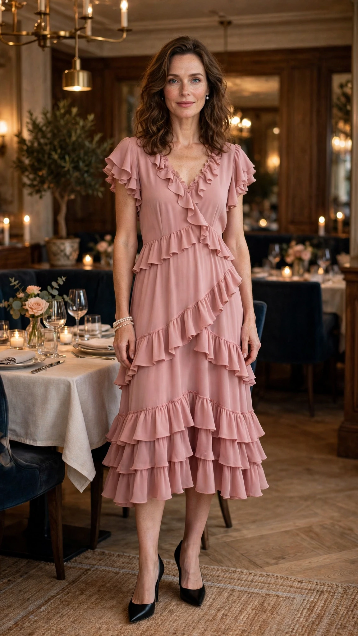 38 Ruffle Hem Dress Outfits for Late Winter Weddings That Are Chic, Romantic and Easy to Wear 23 Dusty rose ruffle hem tiered dress with black pointed heels and a pearl bracelet