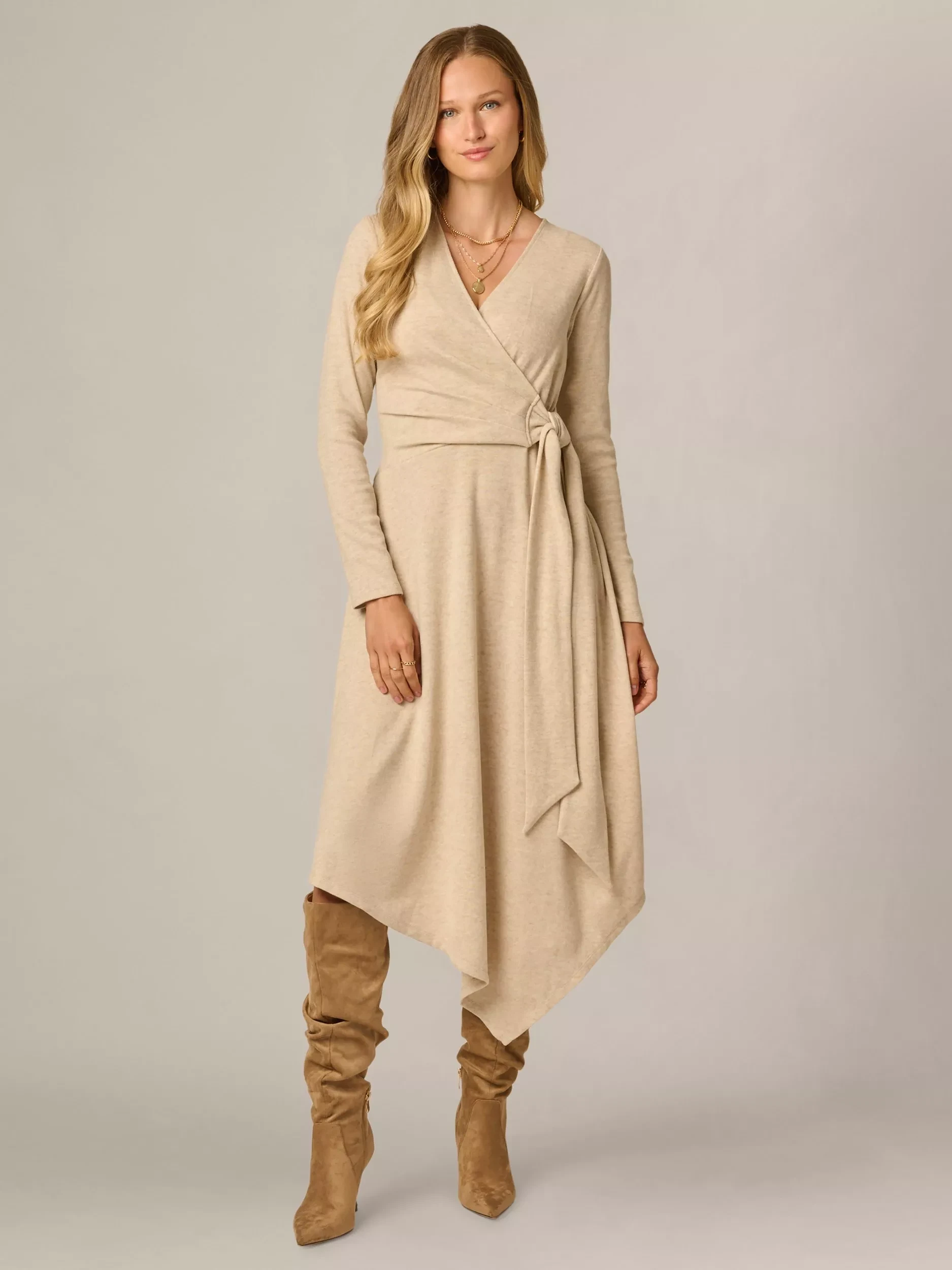 38 Ruffle Hem Dress Outfits for Late Winter Weddings That Are Chic, Romantic and Easy to Wear 25 Champagne ruffle hem wrap dress with suede ankle boots and a cashmere wrap