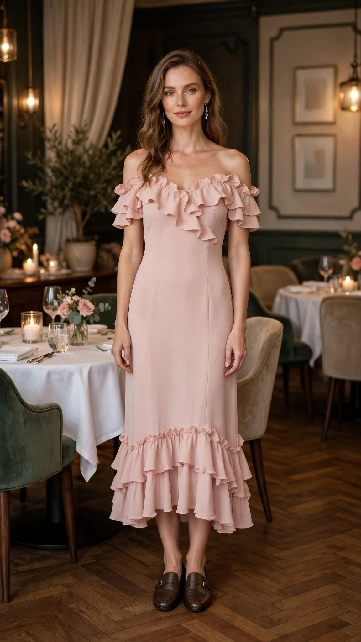 38 Ruffle Hem Dress Outfits for Late Winter Weddings That Are Chic, Romantic and Easy to Wear 26 Blush ruffle hem off-shoulder dress with smart loafers and silver drop earrings