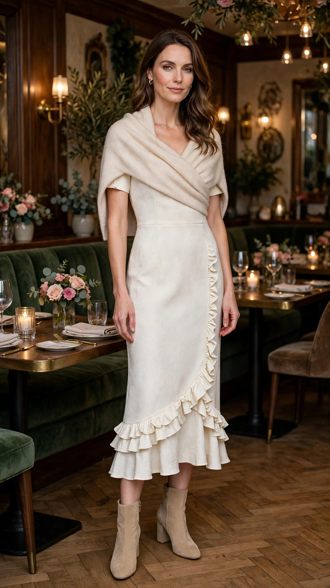 38 Ruffle Hem Dress Outfits for Late Winter Weddings That Are Chic, Romantic and Easy to Wear 27 Ivory ruffle hem sheath dress with block-heel ankle boots and a cashmere wrap