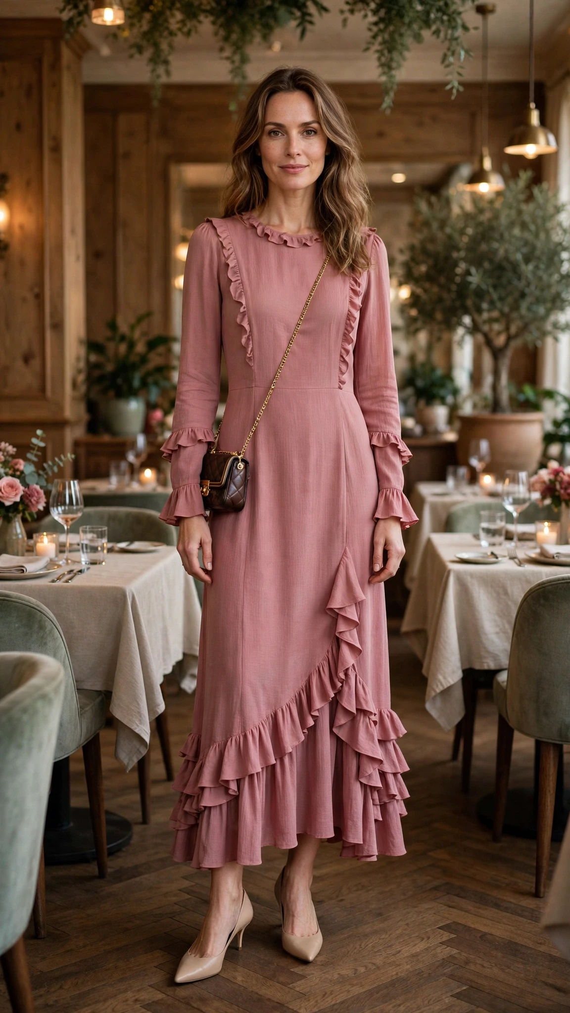 38 Ruffle Hem Dress Outfits for Late Winter Weddings That Are Chic, Romantic and Easy to Wear 28 Dusty rose ruffle hem long-sleeve dress with kitten heels and a chic crossbody bag