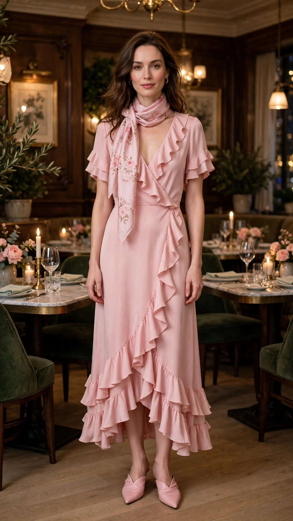 38 Ruffle Hem Dress Outfits for Late Winter Weddings That Are Chic, Romantic and Easy to Wear 29 Pink ruffle hem V-neck dress with pointed mules and a silk scarf