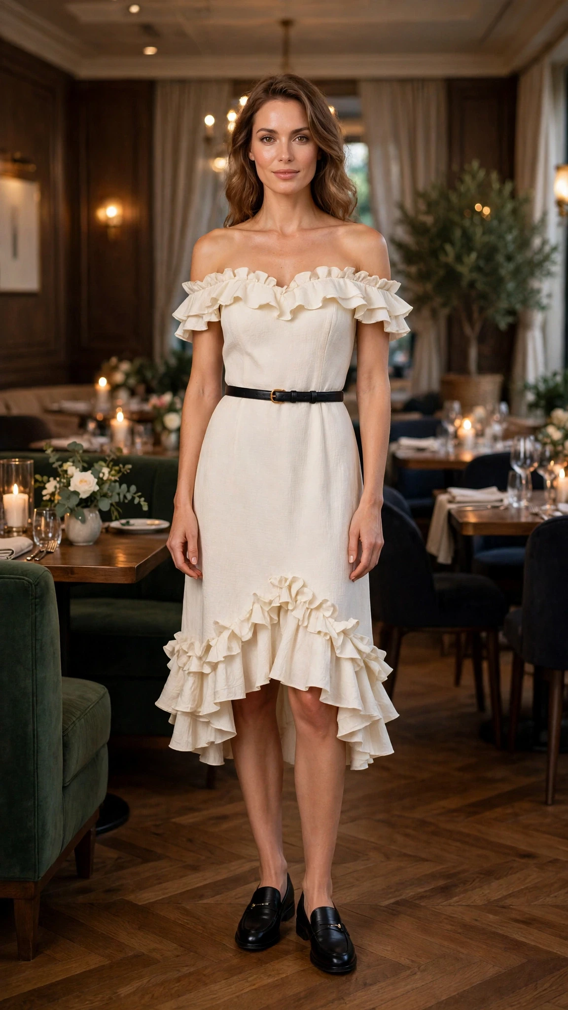38 Ruffle Hem Dress Outfits for Late Winter Weddings That Are Chic, Romantic and Easy to Wear 31 Ivory ruffle hem off-shoulder dress with smart loafers and a slim leather belt