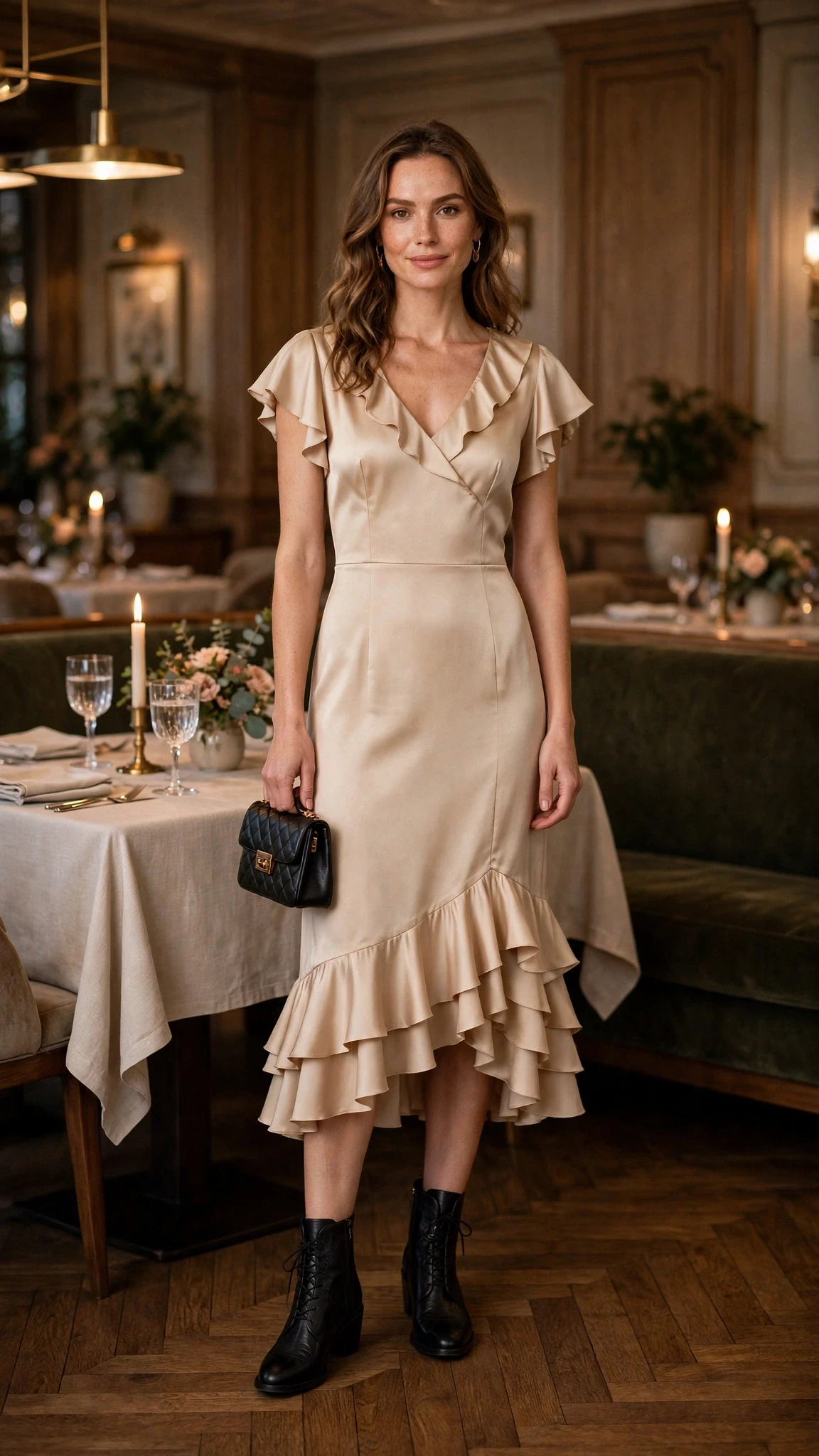 38 Ruffle Hem Dress Outfits for Late Winter Weddings That Are Chic, Romantic and Easy to Wear 32 Champagne ruffle hem V-neck dress with leather ankle boots and a small structured clutch