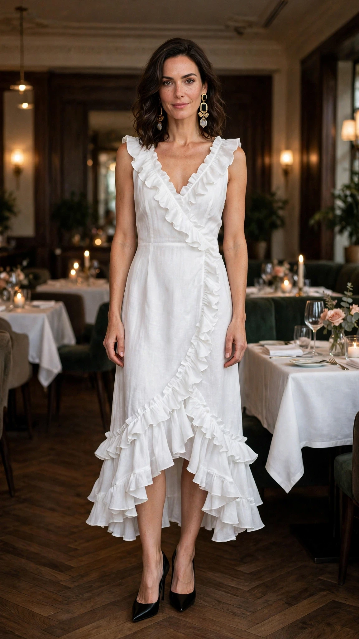 38 Ruffle Hem Dress Outfits for Late Winter Weddings That Are Chic, Romantic and Easy to Wear 33 White ruffle hem V-neck dress with black pointed heels and statement earrings