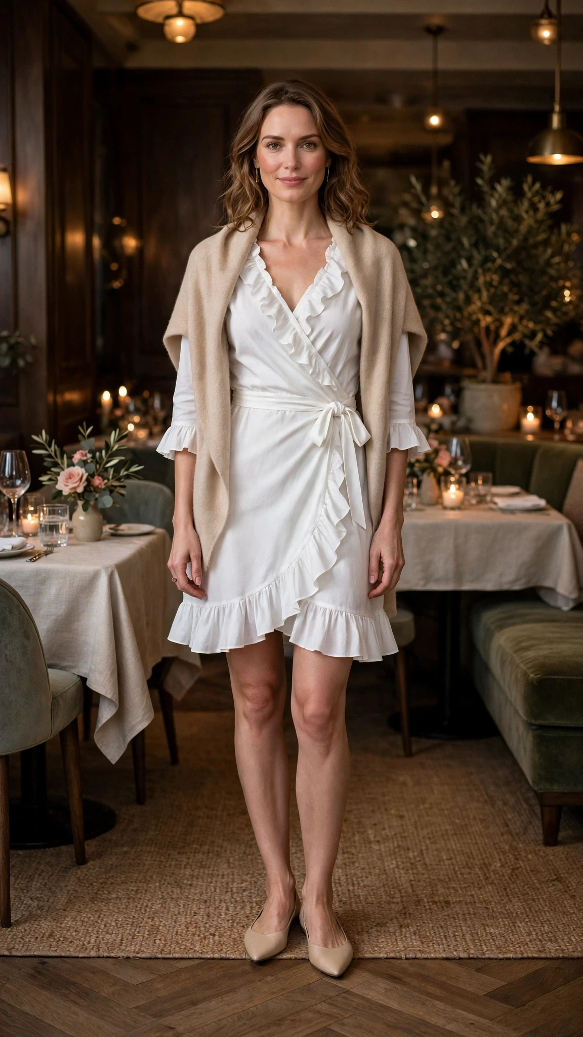 38 Ruffle Hem Dress Outfits for Late Winter Weddings That Are Chic, Romantic and Easy to Wear 34 White ruffle hem wrap dress with elegant pointed flats and a cashmere wrap