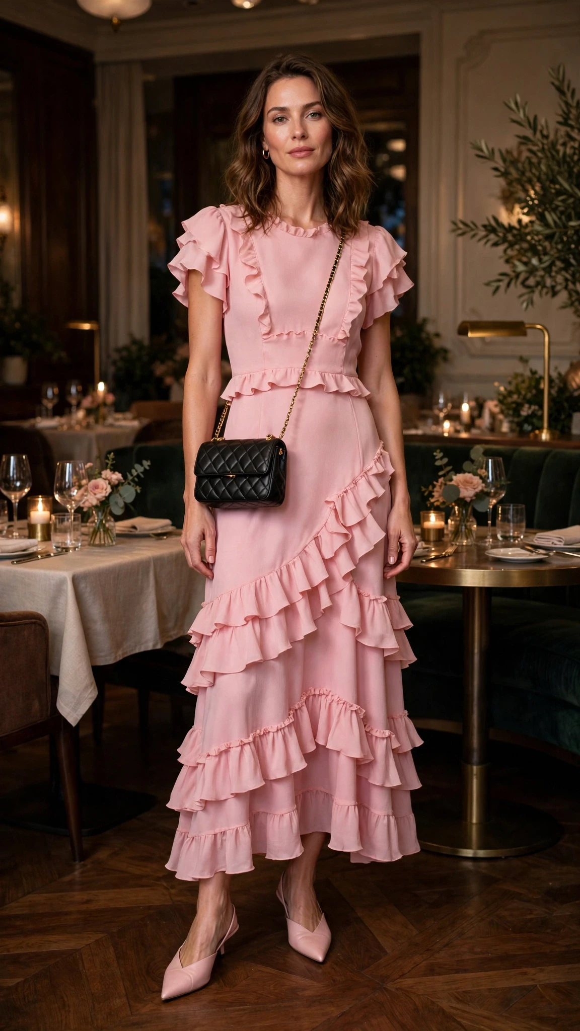 38 Ruffle Hem Dress Outfits for Late Winter Weddings That Are Chic, Romantic and Easy to Wear 35 Pink ruffle hem tiered dress with pointed mules and a chic crossbody bag
