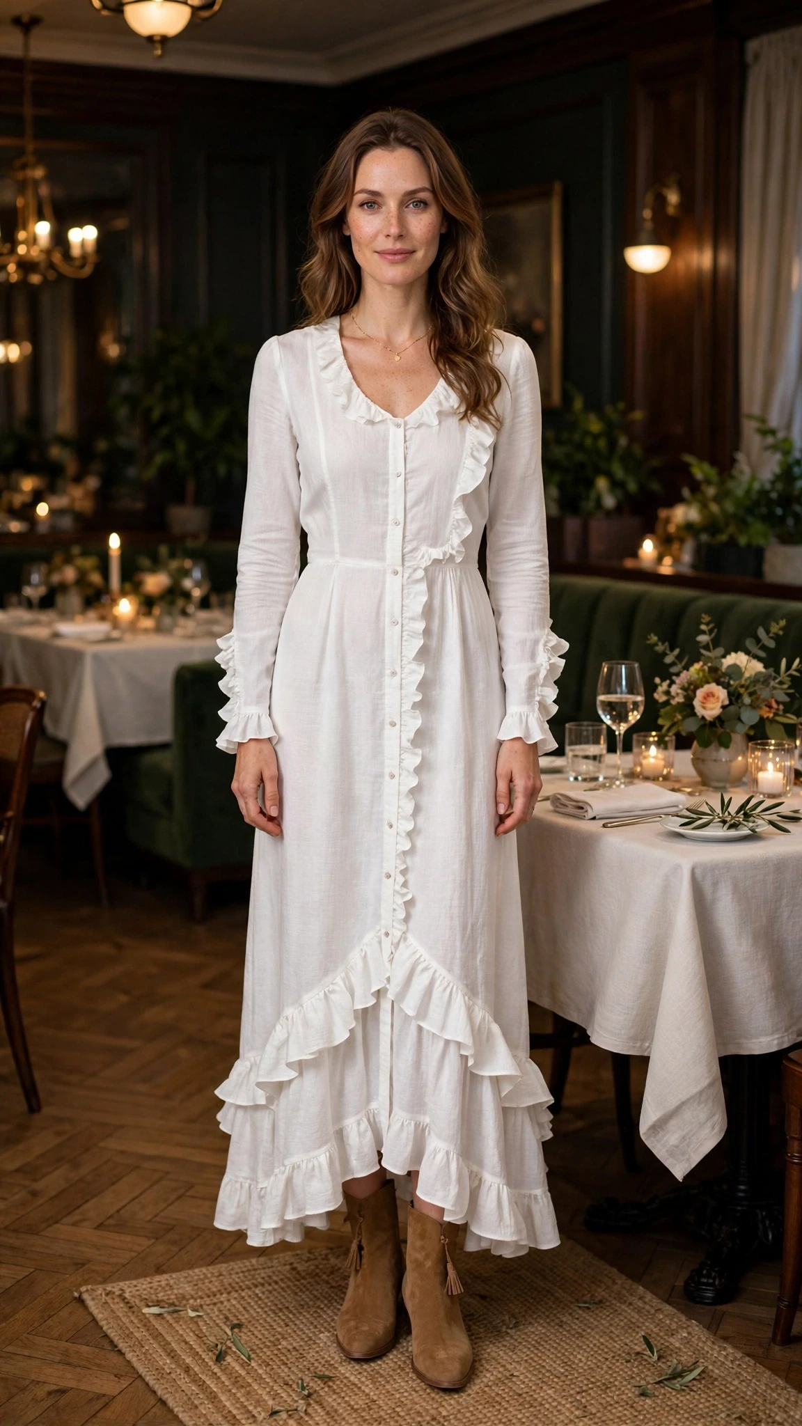 38 Ruffle Hem Dress Outfits for Late Winter Weddings That Are Chic, Romantic and Easy to Wear 38 White ruffle hem long-sleeve dress with suede ankle boots and a delicate gold necklace