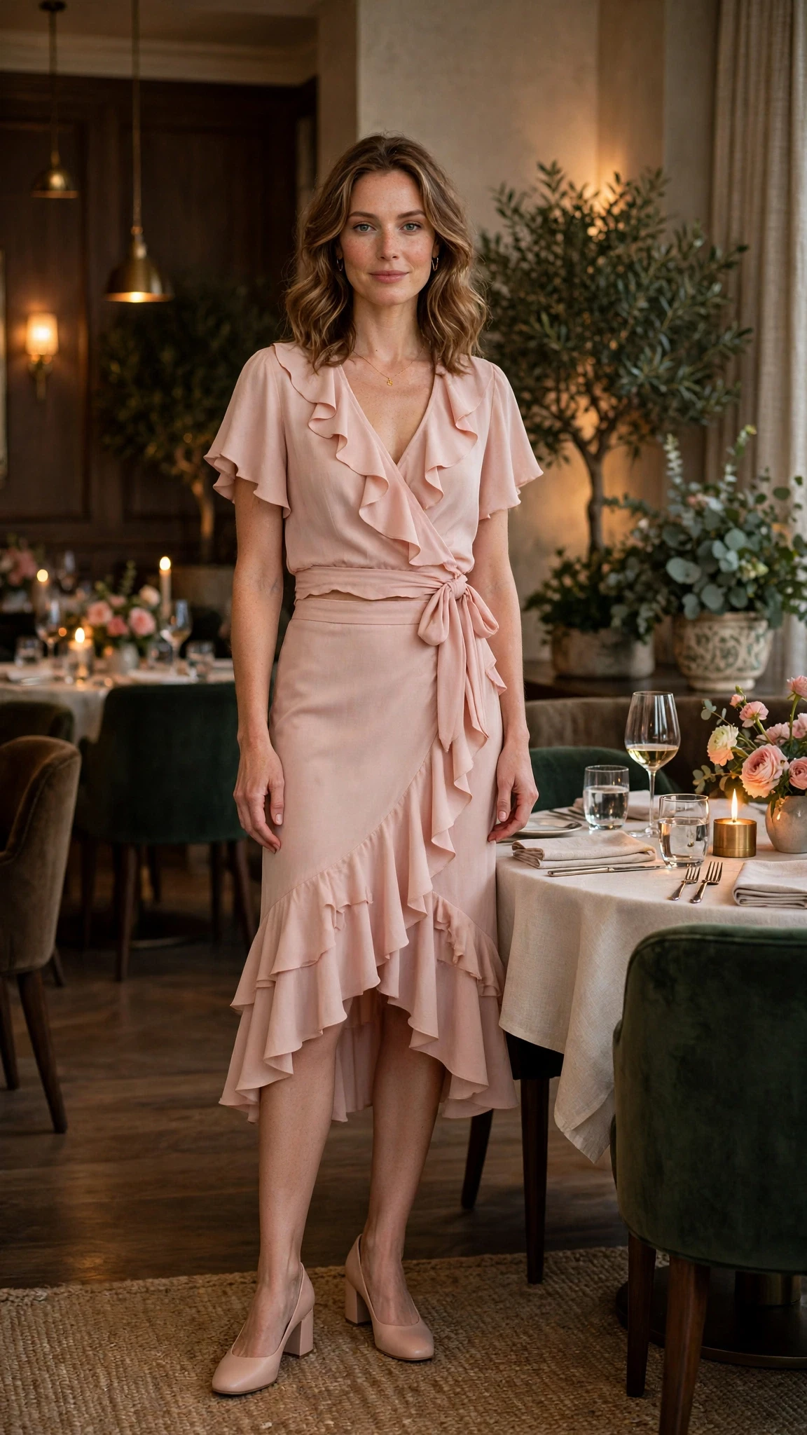 Blush ruffle wrap skirt outfit with comfortable block heels and a delicate gold necklace