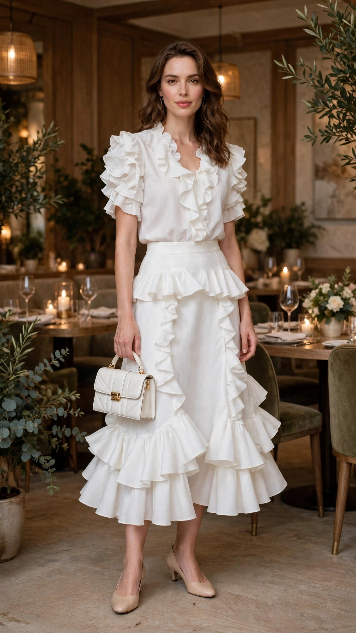 White ruffle flared skirt outfit with low-heeled pumps and a small structured clutch