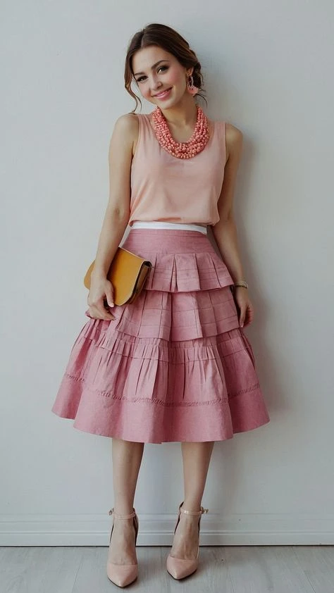 Pink ruffle midi skirt outfit with elegant pointed flats and a slim leather belt
