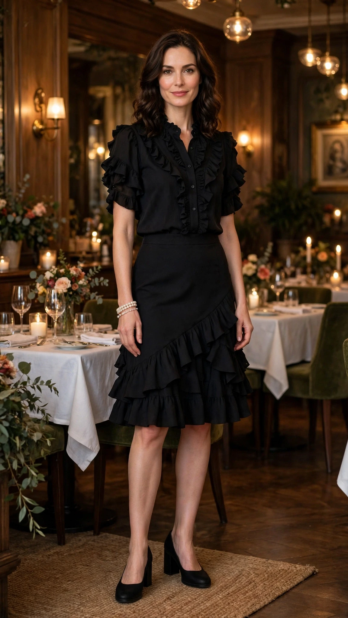 Black ruffle knee-length skirt outfit with comfortable block heels and a pearl bracelet