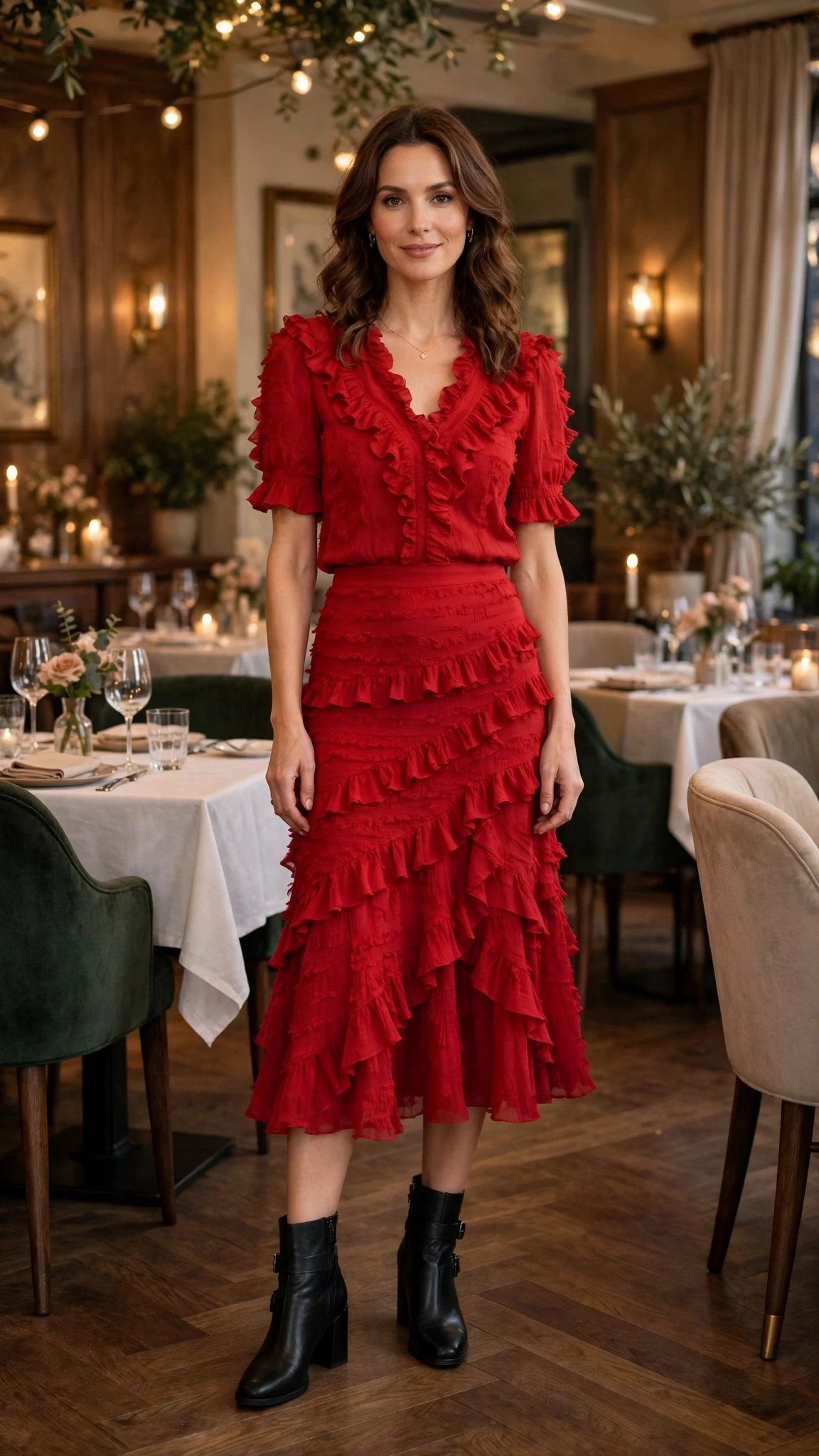 Red ruffle midi skirt outfit with block-heel ankle boots and a delicate gold necklace