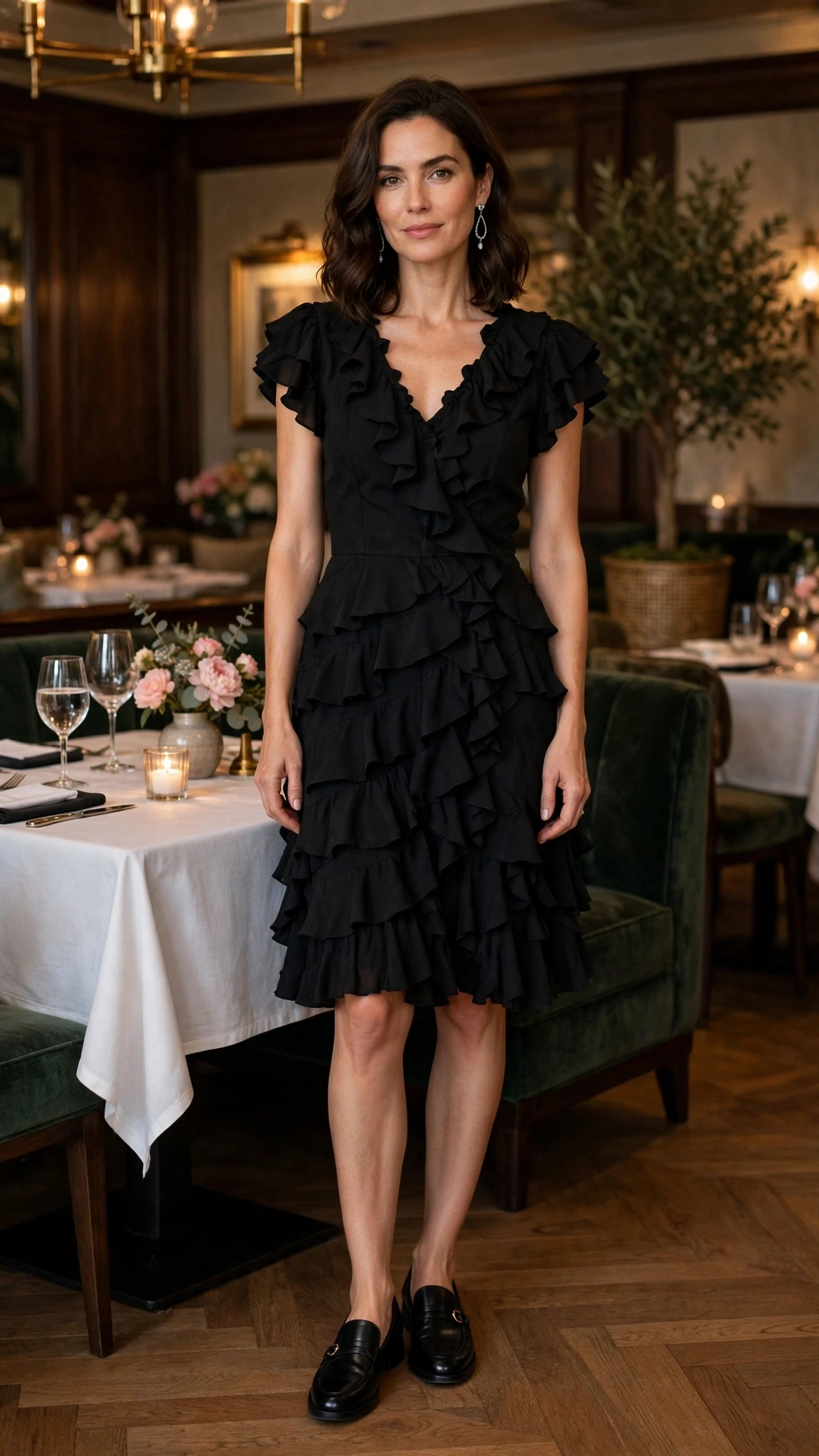 Black ruffle knee-length skirt outfit with smart loafers and silver drop earrings