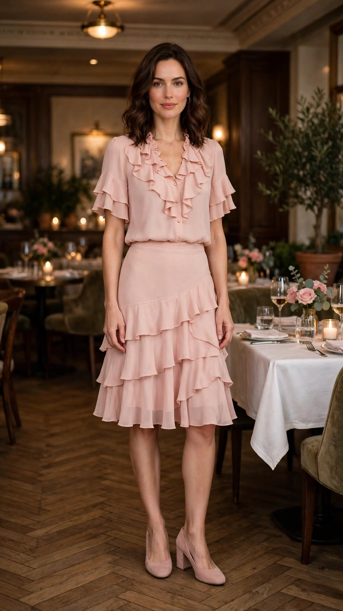Blush ruffle knee-length skirt outfit with comfortable block heels and a delicate gold necklace