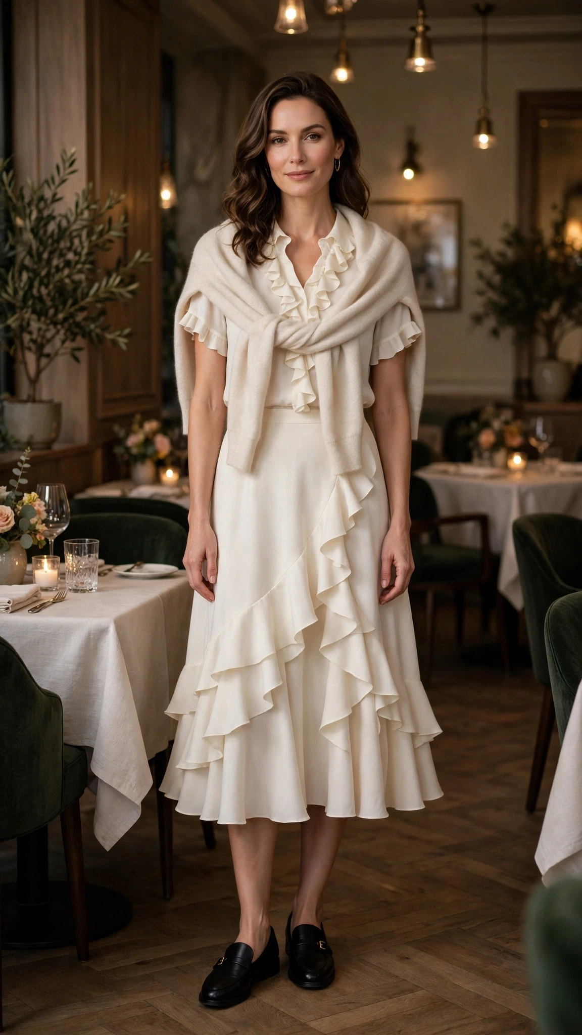 Ivory ruffle A-line skirt outfit with smart loafers and a cashmere wrap