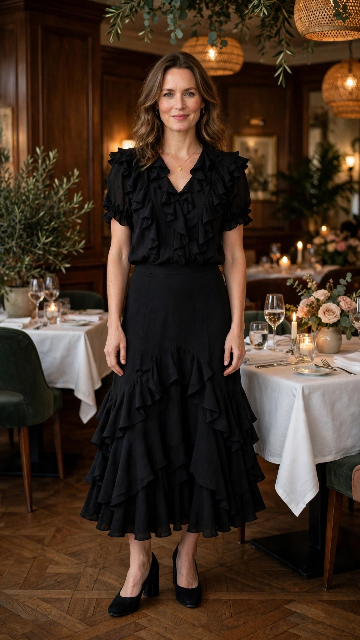 Black ruffle flared skirt outfit with comfortable block heels and a delicate gold necklace