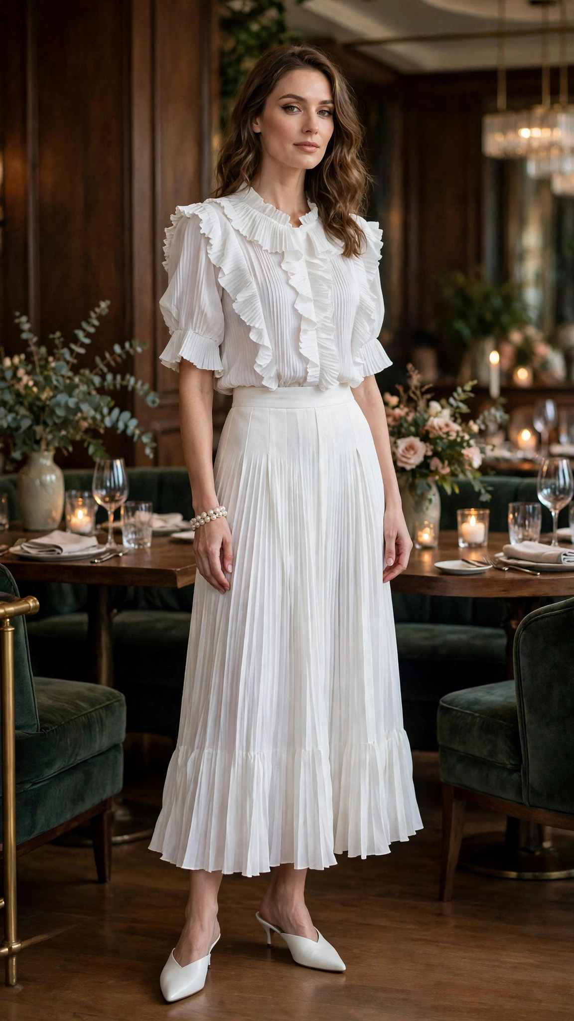 White ruffle pleated skirt outfit with pointed mules and a pearl bracelet