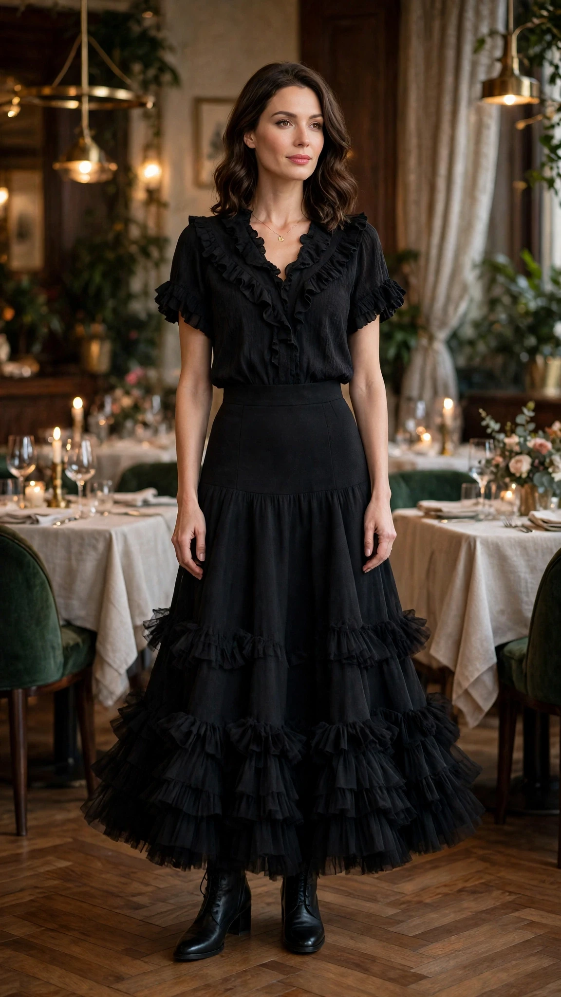 Black ruffle flared skirt outfit with leather ankle boots and a delicate gold necklace