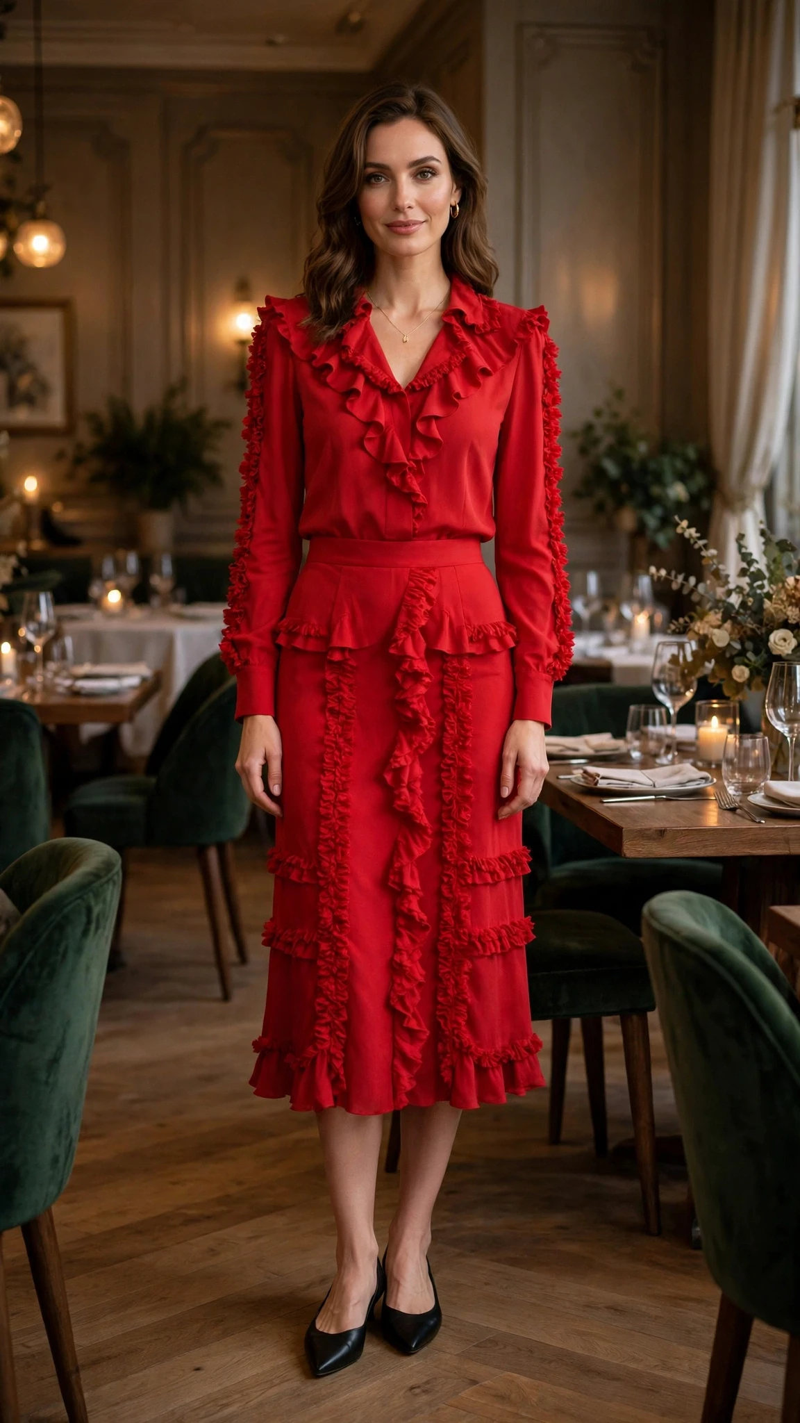 Red ruffle straight skirt outfit with elegant pointed flats and a delicate gold necklace
