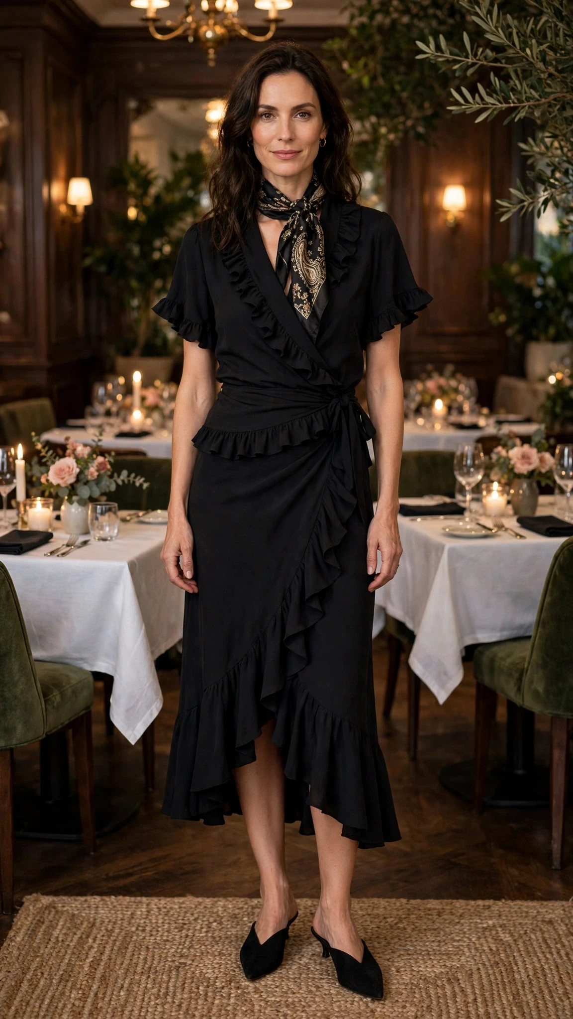 Black ruffle wrap skirt outfit with pointed mules and a silk scarf