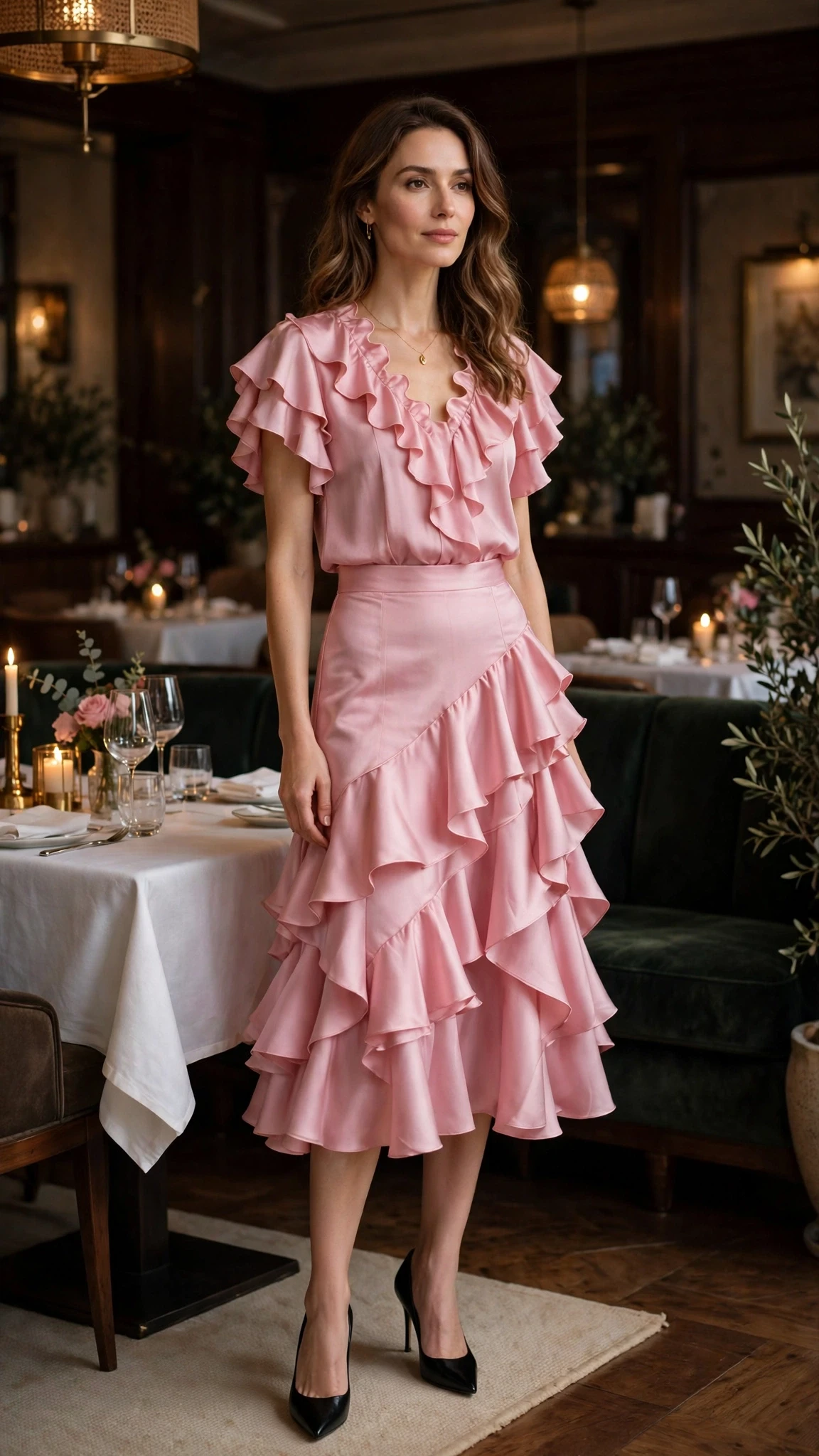 Pink ruffle satin skirt outfit with black pointed heels and a delicate gold necklace