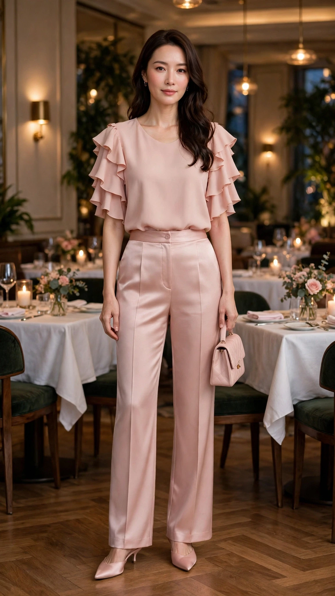 Blush ruffle sleeve top and satin trouser outfit with pointed mules and a small structured clutch
